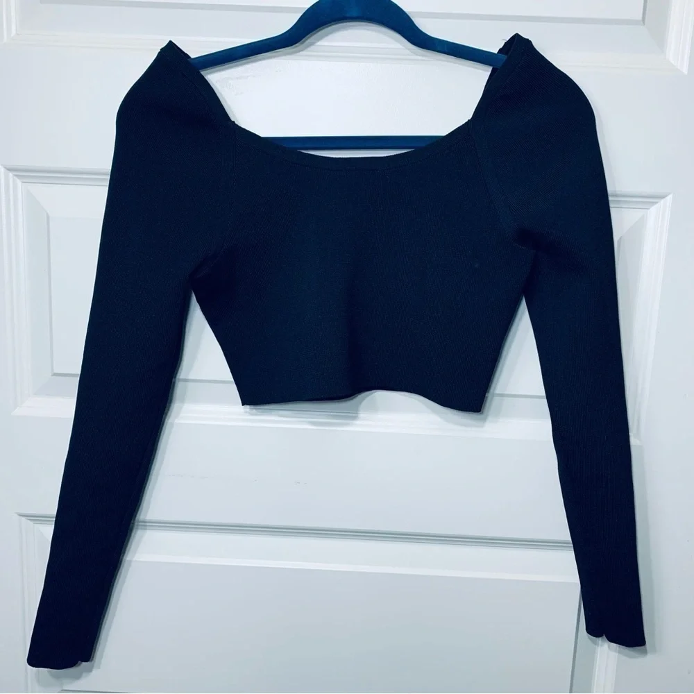 ZARA Neutral Black Knit Cropped Long Sleeve Top Streetwear Round Square Neck S - Picture 5 of 13